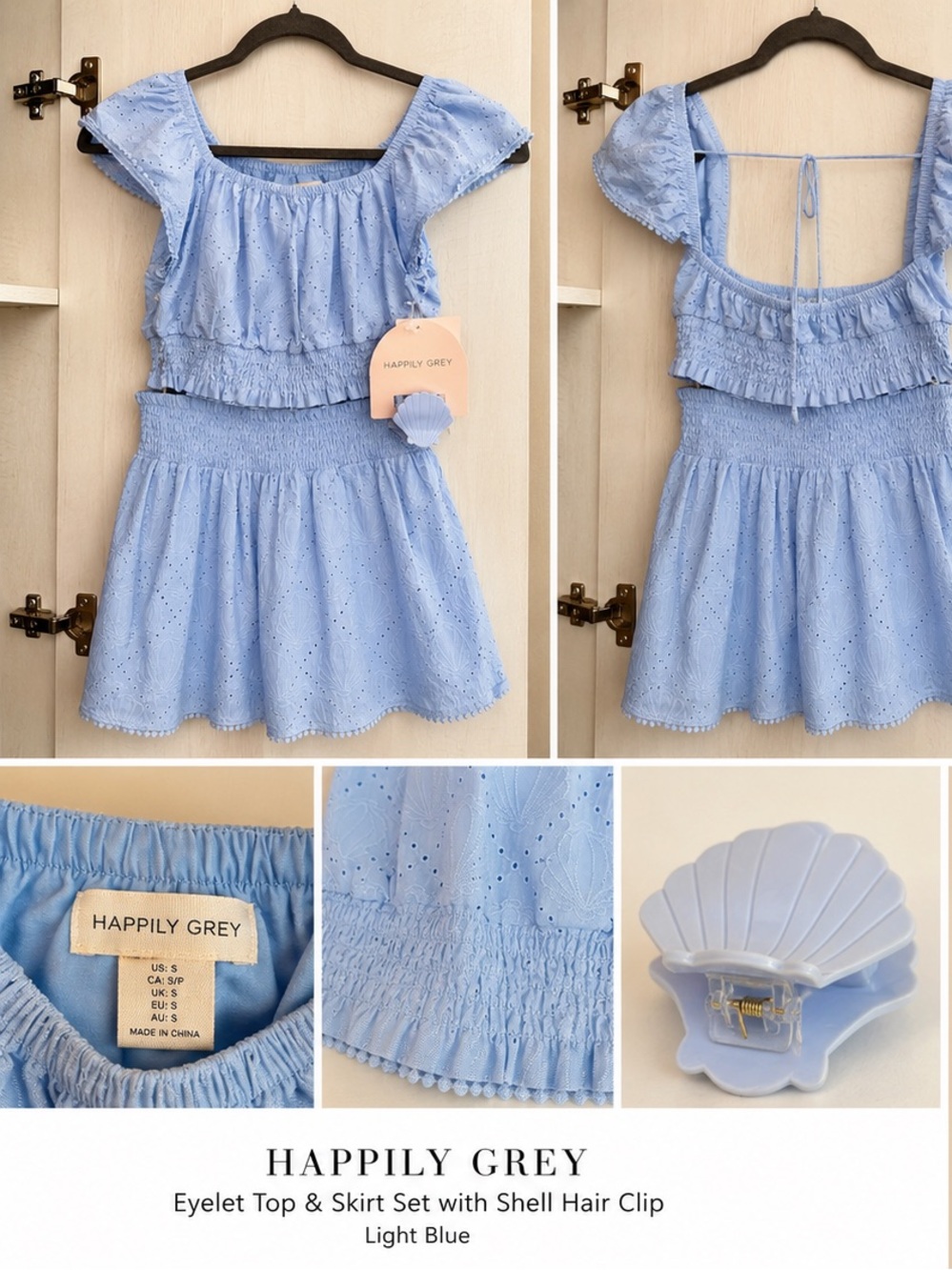 NWT Happily Grey Light Blue Eyelet Top & Skirt Set with Shell Hair Clip